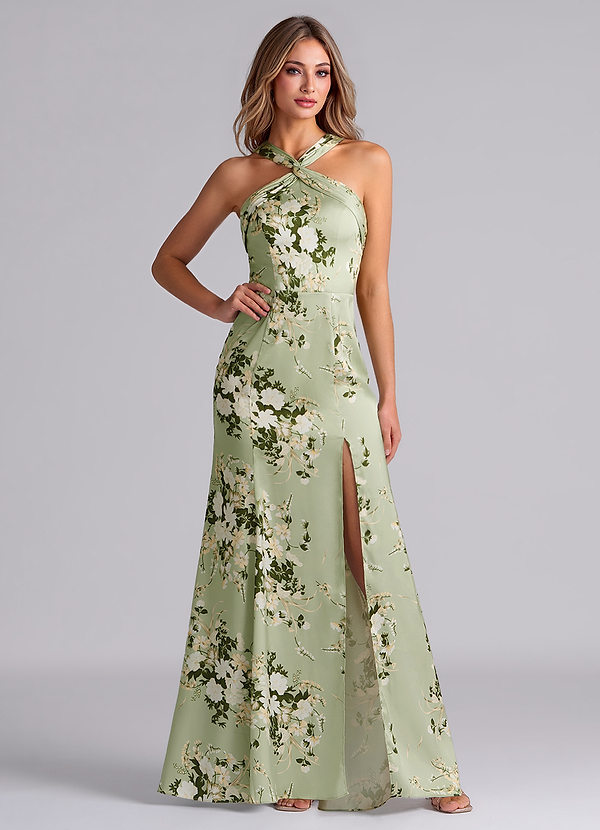 Azazie Rue Vestidos Dama de Honor Vestido de Enredaderas Florales de Satén Elástico de Corte Sirena con Plisado image1