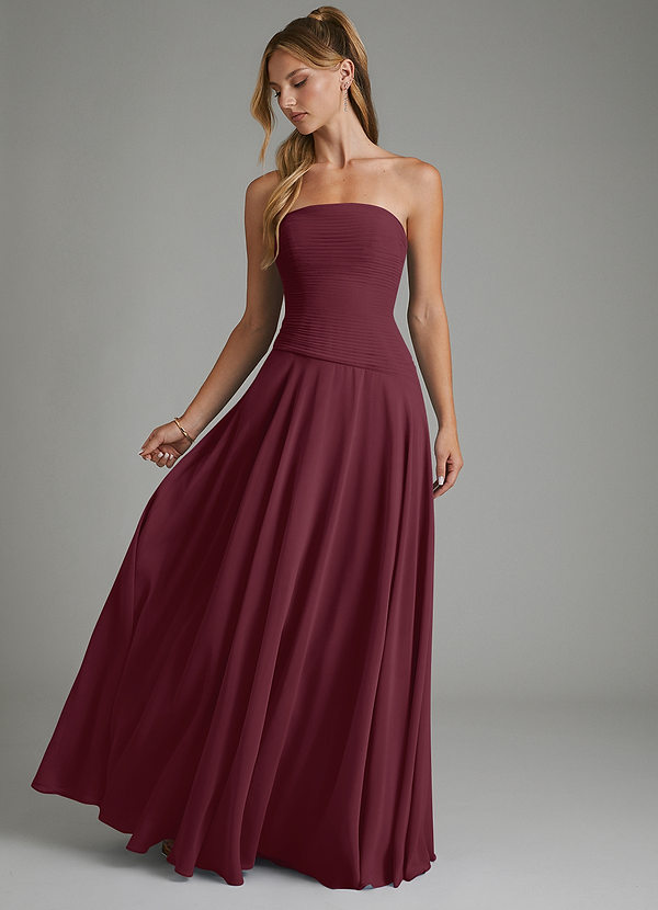 Azazie Layla Vestidos de dama de honor Vestido Cabernet de Gasa de Línea A con Palabra de honor image1
