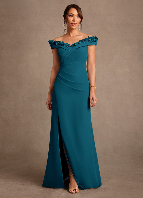 Azazie Jettie Mother of the Bride Dresses Vestido Tinta Azul de Chiffon de Bainha com Plissado image1