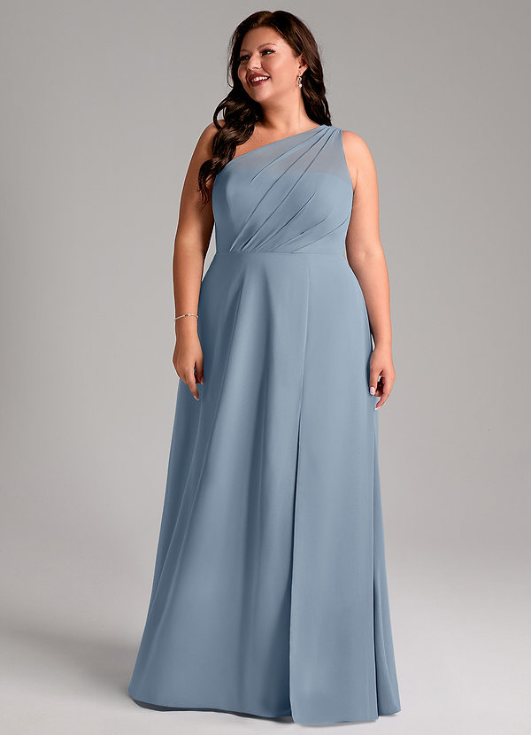 Azazie Phaedra Robes de demoiselle d'honneur Robe Trapèze en Mousseline de soie Asymétrique Bleu Poussiéreux image1