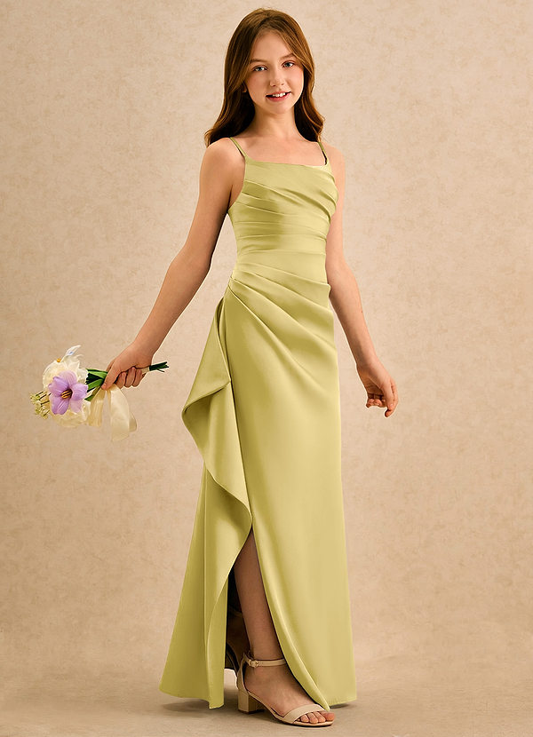 Azazie Cannoli Girls Formal Robes de Fillette d'Honneur Robe Trapèze en Satin extensible Plissée Canari image1