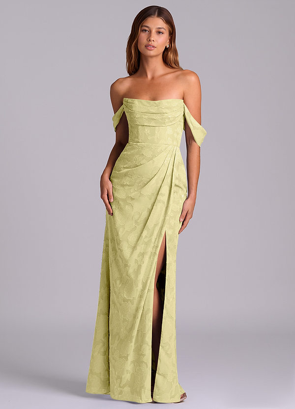 Azazie Johana Bridesmaid Dresses Lemon Sorbet Mermaid Off the Shoulder Floral Burnout Convertible Dress image1