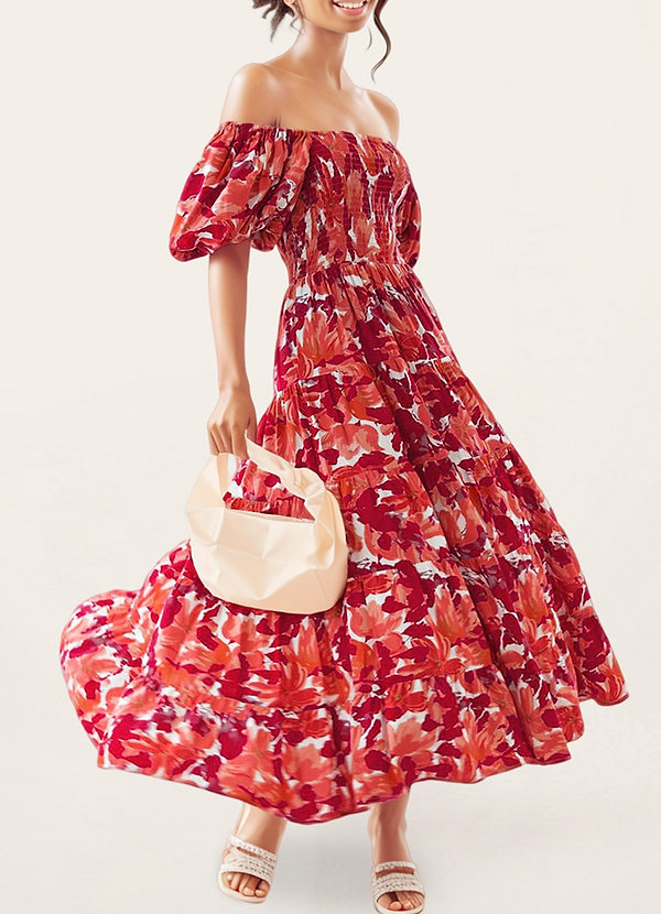 front Norwalk Red Floral Print Smocked Puff Sleeve Midi Dress