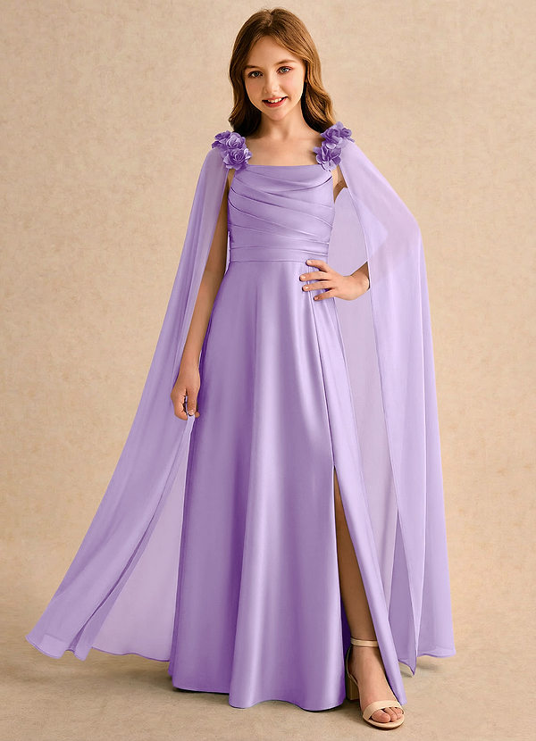 Azazie Rosita Girls Formal Robes de Fillette d'Honneur Robe Trapèze en Satin extensible Plissée Lilas image1