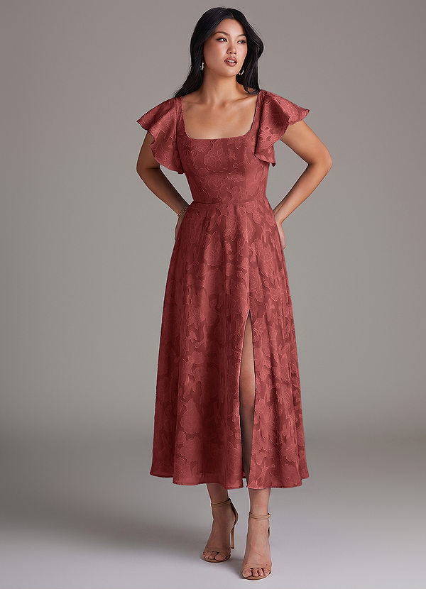 Azazie Bondi Brautjungfernkleider A-Linie Gestreift Blumen-Burnout Kleid Terrakotta image1
