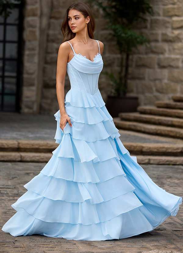 Floralace Sky Blue Ruffled A-line Prom Dress image1