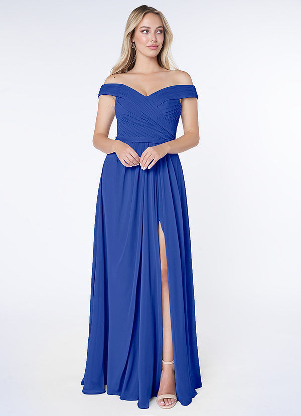 Azazie Audrianna Bruidsmeisjes Jurken Converteerbaar Jurk van Chiffon met A-Lijn Off-the-shoulder verzameld Koningsblauw image1