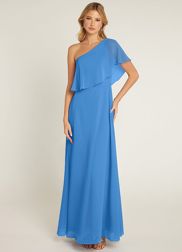Azazie Lizzy Vestidos Dama de Honor Vestido de Azul Grisaceo de Gasa de Corte en A con Hombro unilateral image1