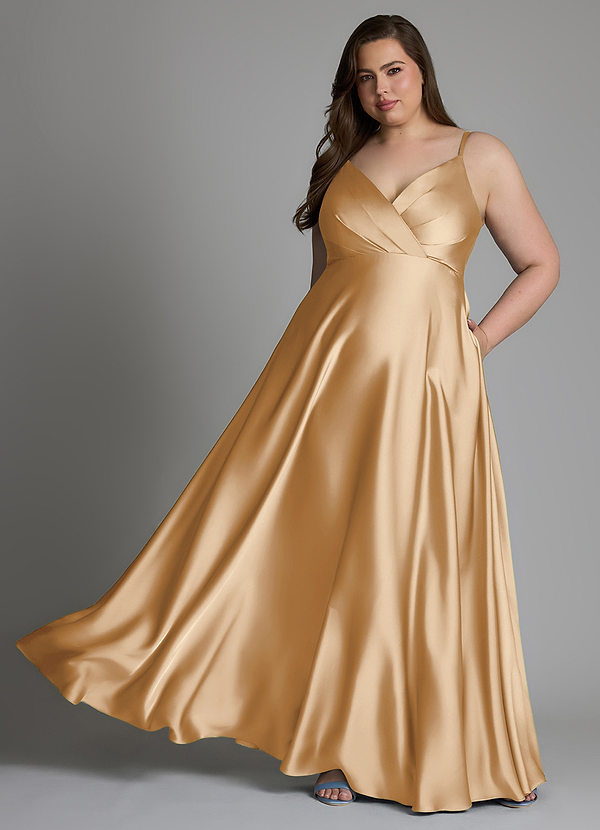 Azazie Amani Brudtärneklänningar Klänning av A-linje i Stretch Satin Plisserad Champagne image1