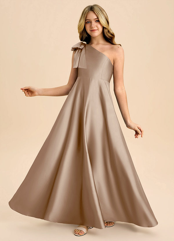 Azazie Penguin Junior Abito A-Line in Raso Elasticizzato Fiocco Taupe image1