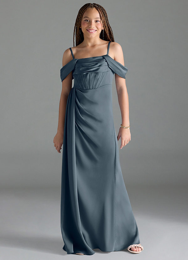 Azazie Amyra Junior Twilight Sheath Off the Shoulder Stretch Satin Dress image1
