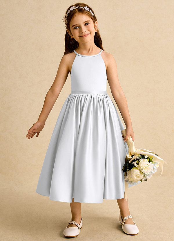 Azazie Indi Bloemenmeisjes Jurken A-Lijn Jurk van Mat Satijn Boog Wit image1