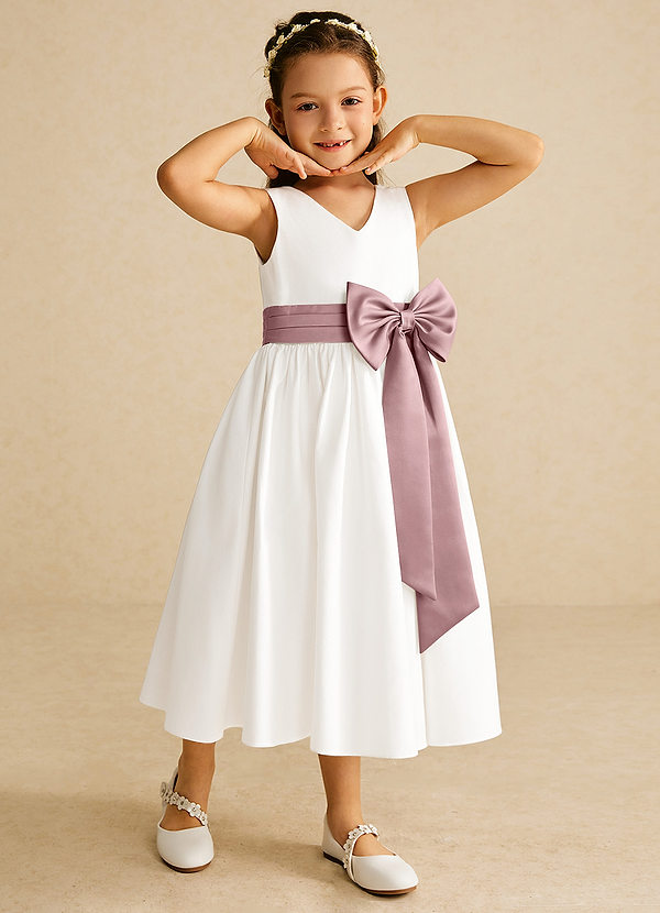 Azazie Darling Flower Girl Dresses Ivory Dusty Rose A-Line Bow Cotton Dress image1