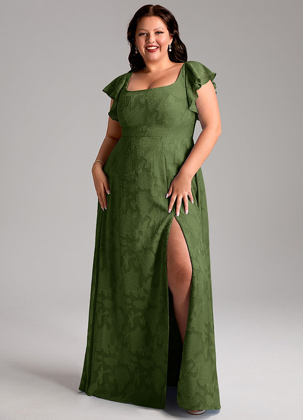 Azazie Bondi Bridesmaid Dresses Olive A-Line Side Slit Floral Burnout Dress image1