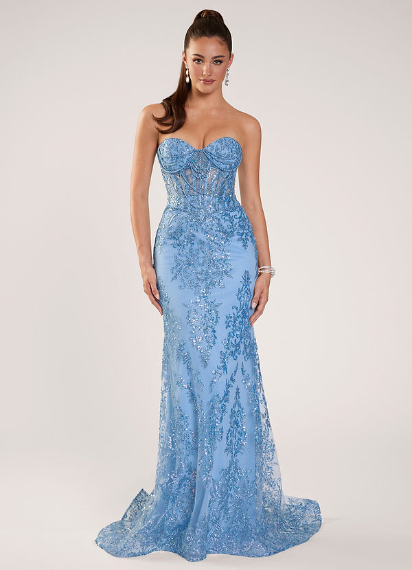 Zeoga Blu Chiaro Abito da ballo in rete con paillettes e perline image1