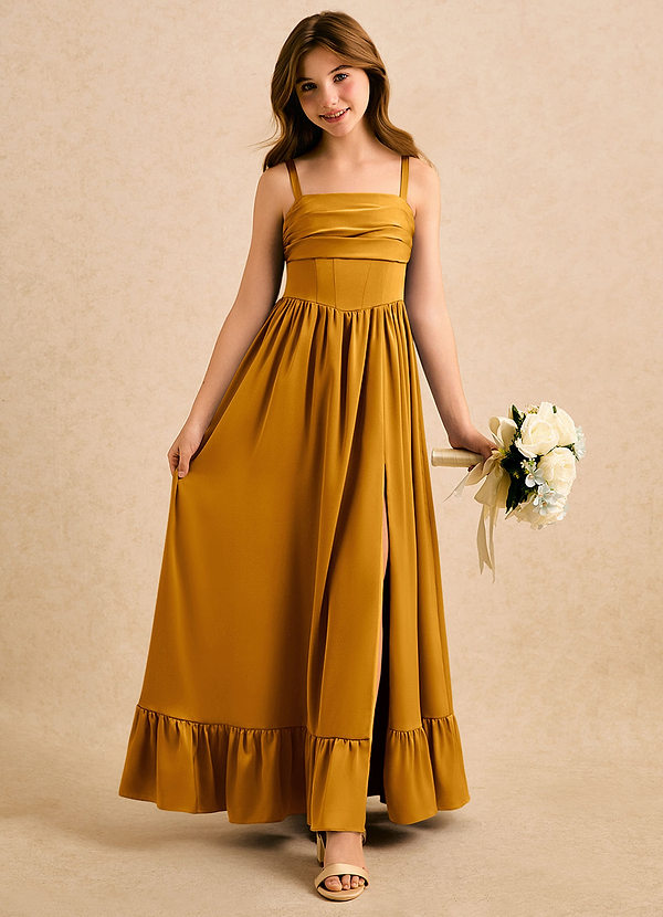 Azazie Maisie Girls Formal Sukienki dla dziewczynek sypiących kwiaty Linia A Marszczony Satyna elastyczna Długość podłogi Sukienka image1