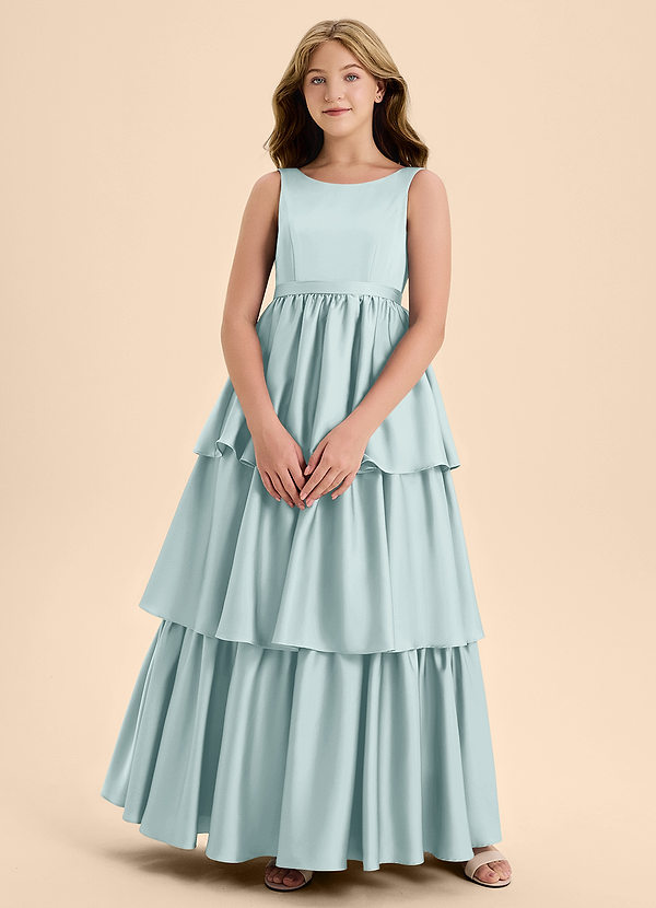 Azazie Meadowyn Junior Mist A-Line Bow Stretch Satin Dress image1