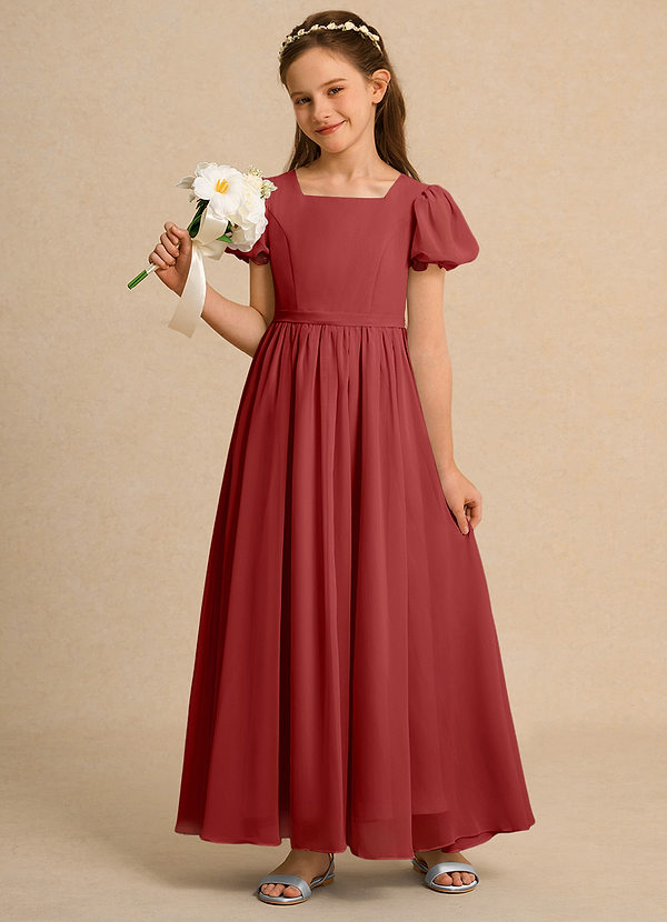 Azazie Lilia Girls Formal Flower Girl Dresses Rust A-Line with Sleeves Chiffon Dress image1