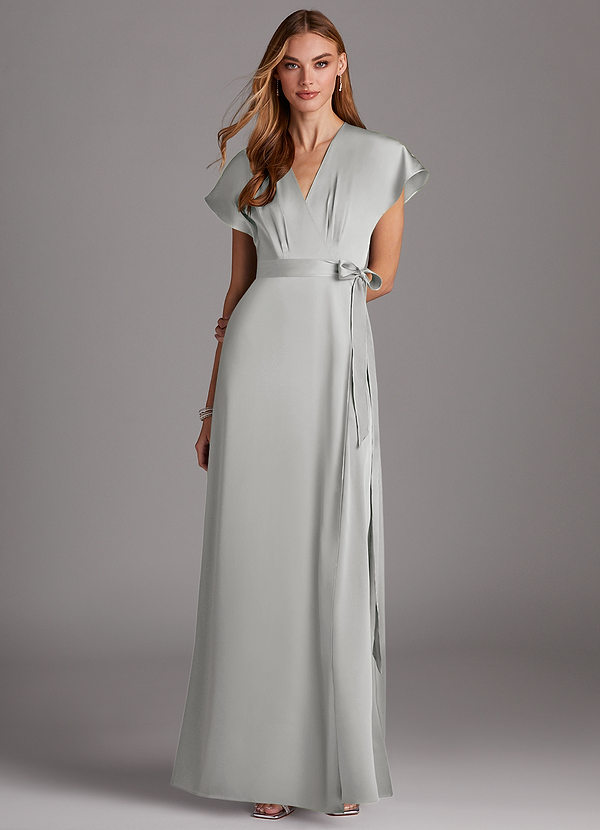 Azazie Nico Bridesmaid Dresses Silver A-Line V-Neck Stretch Satin Dress image1
