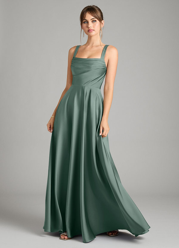 Azazie Shaude Bridesmaid Dresses Sea Moss A-Line Pleated Stretch Satin Dress image1