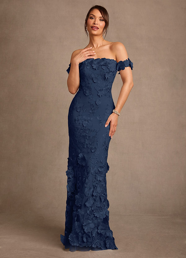 Azazie Lotta Kjoler til brudens mor Havfrue Off-Shoulder Blonder Gulv-længde Kjole image1