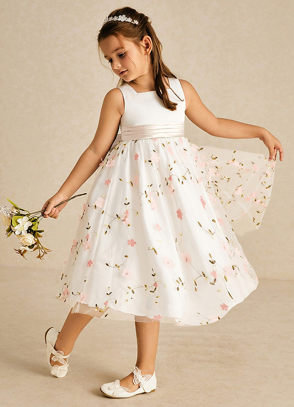 Azazie Pollie Flower Girl Dresses Blushing Pink White Alabaster A-Line Bow Tulle Dress image1