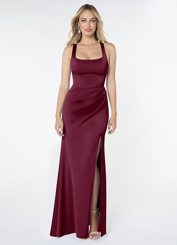 Azazie Mero Bridesmaid Dresses Mulberry Sheath Pleated Stretch Satin Dress image1