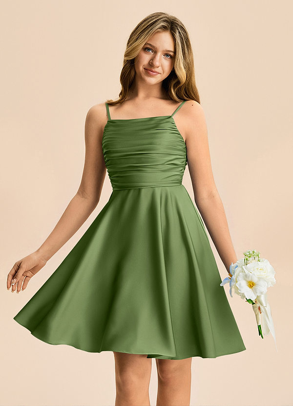 Azazie Miko Junior Vestido de Enebro de Satén Elástico de Corte en A con Plisado image1