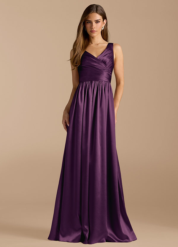 Azazie Keyla Brautjungfernkleider A-Linie Plissee Metallischer Satin Kleid Pflaume image1