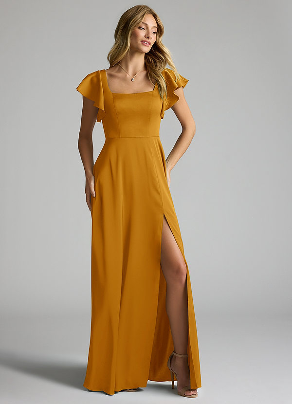 Azazie Bondi Bridesmaid Dresses Butterscotch A-Line Bow Stretch Satin Dress image1