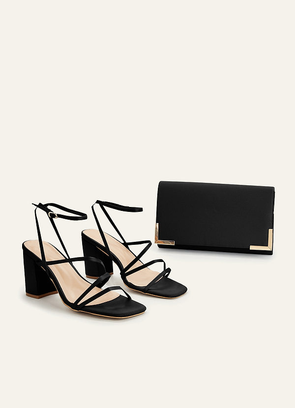 front Matching Color Matte Satin Ankle Strap Block Heel Sandals & Envelope Clutch Set