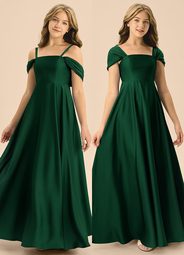 Azazie Rowena Junior Vestido de Verde Oscuro de Satén Elástico de Corte en A con Lazo image1