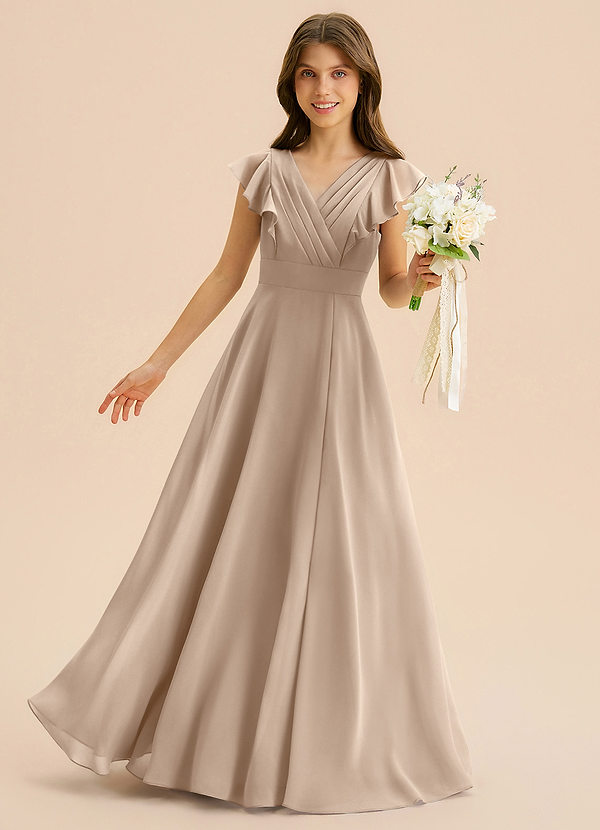 Azazie Anysa Junior Robe Trapèze en Mousseline de soie Rayé Taupe image1