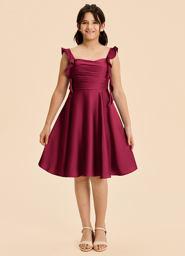Azazie Kira Junior Vestido de Borgoña de Satén Elástico de Corte en A con Volante image1