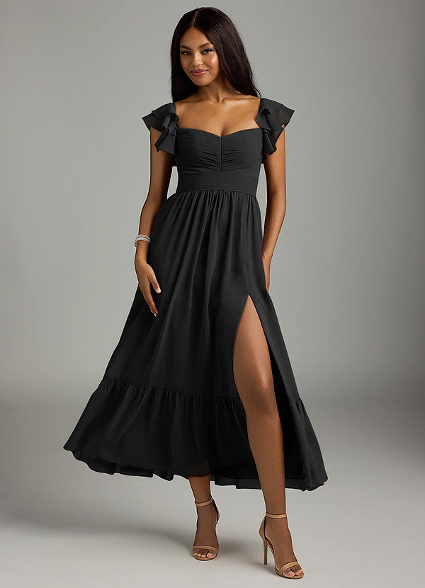 Azazie Anaya Bridesmaid Dresses Black A-Line Pleated Chiffon Dress image1
