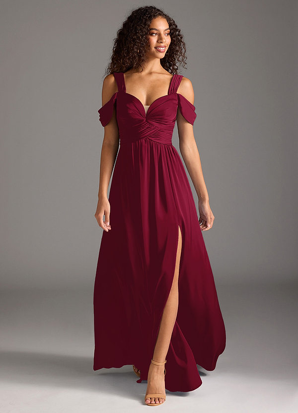 Azazie Lianne Bridesmaid Dresses Burgundy A-Line Off the Shoulder Stretch Satin Dress image1