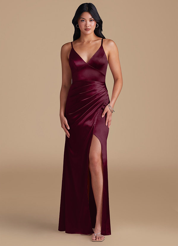 Azazie Shania Bridesmaid Dresses Cabernet Sheath Pleated Metallic Satin Dress image1