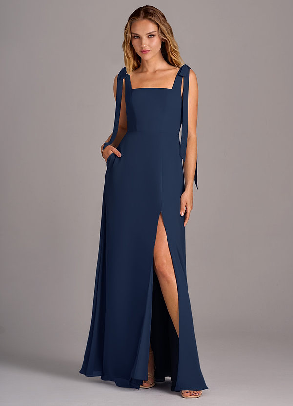 Azazie Debra Bridesmaid Dresses Dark Navy A-Line with Pockets Chiffon Convertible Dress image1