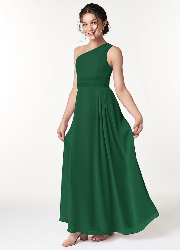 Azazie Cleo Junior Vestido de Verde Oscuro de Gasa de Corte En A con Plisado image1