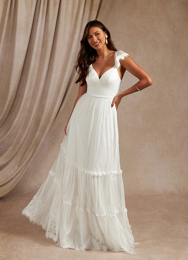Azazie Bahamas Wedding Dresses A-Line Lace Sweep Train Dress image1