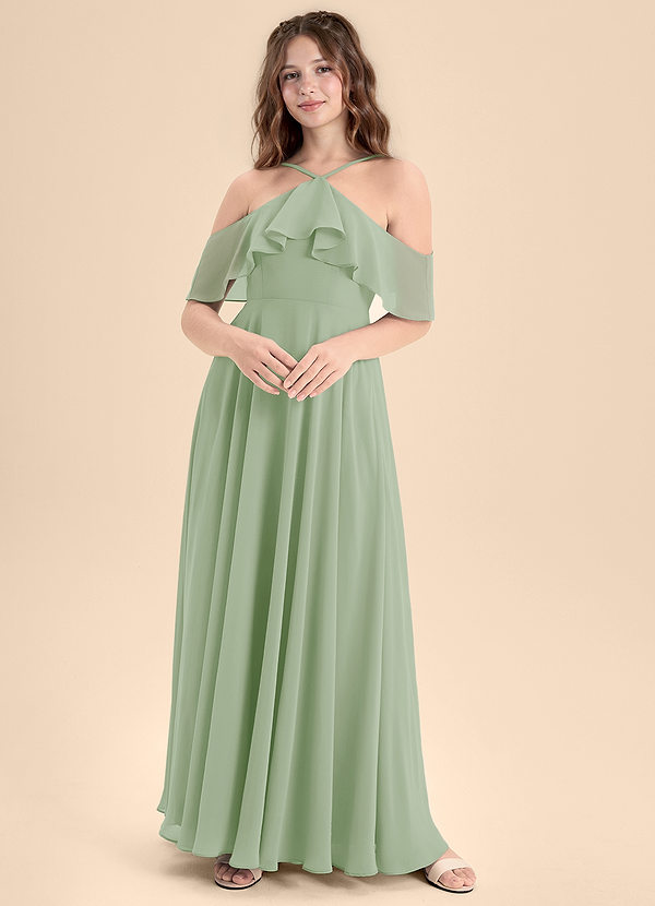 Azazie Tessabelle Junior Vestido de Salvia Polvorienta de Gasa de Corte En A con Vestidos sin tirantes image1