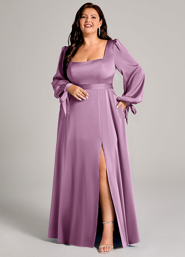 Azazie Leonia Robes Demoiselle d'honneur Robe Trapèze en Satin extensible Manche longue Glycine image1