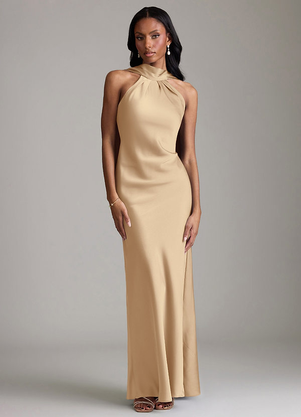 Azazie Cassiana Bruidsmeisjes Jurken Jurk van Stretch Satijn met Zeemeermin Geplooid Champagne image1