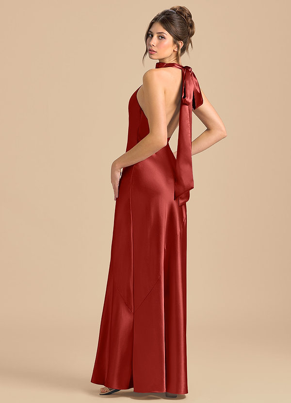 Azazie Velli 신부 들러리 드레스 쉬스 하이넥 메탈릭 새틴 바닥 길이 드레스 image1