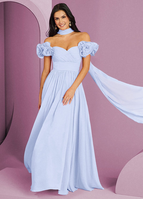 Barbie ♥ Azazie Suknie dla druhen Rozkloszowana sukienka z odkrytymi ramionami, falbaną i rozetkami image1