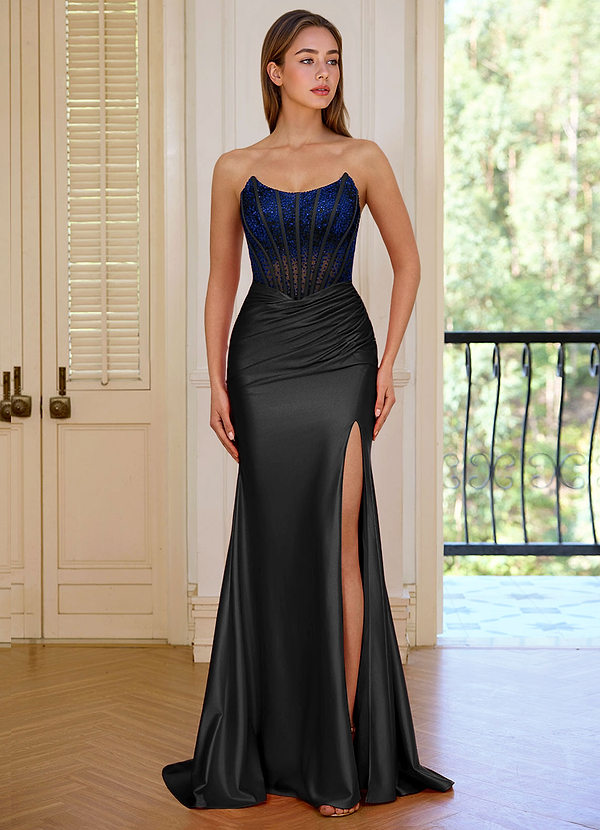 Valeria Black Strapless Satin Mermaid Rhinestones Corset Prom Dress image1