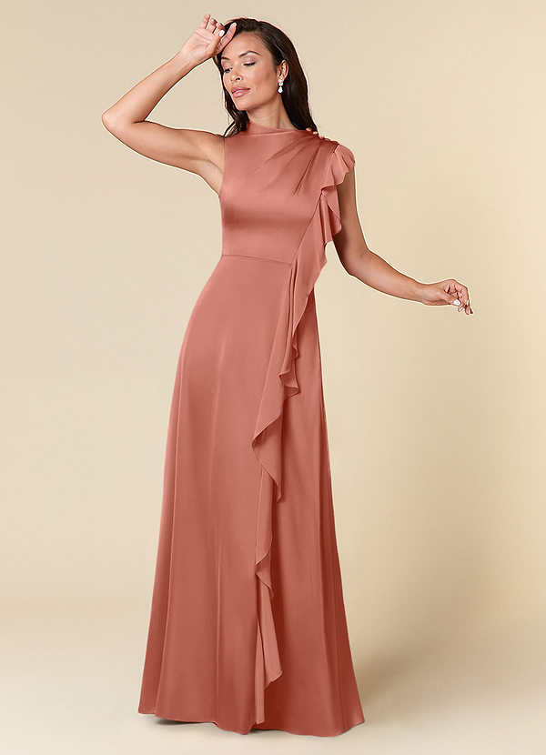 Azazie Narine Mother of the Brides Dresses Salmon Pink A-Line High Neckline Pleated Stretch Satin Dress image1