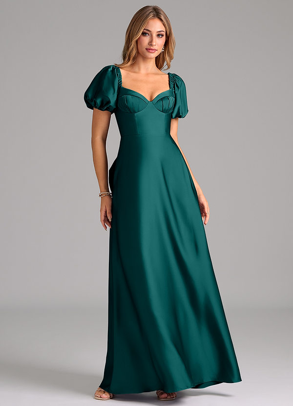 Azazie Fatima Vestidos de dama de honor Vestido Pavo Real de Satén Elástico de Línea A con Escote corazón image1