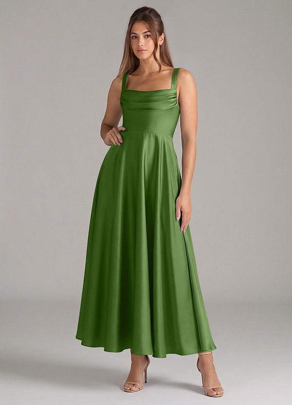 Azazie Shaude Brautjungfernkleider Eine Linie Plissee Stretch-Satin Kleid Basilikum image1