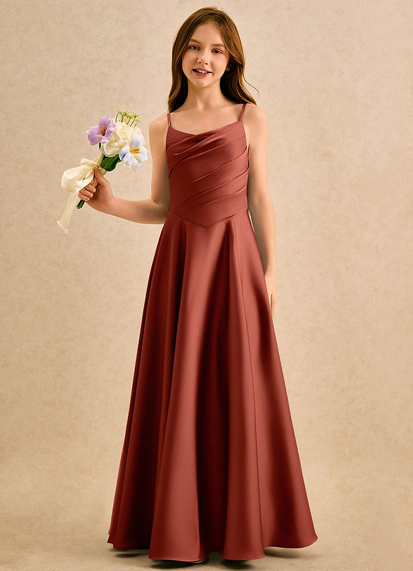 Azazie Coconut Girls Formal Robes de Fillette d'Honneur Robe Trapèze en Satin extensible Plissée Terracotta image1